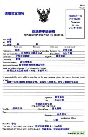 泰国落地签申请表填写样本